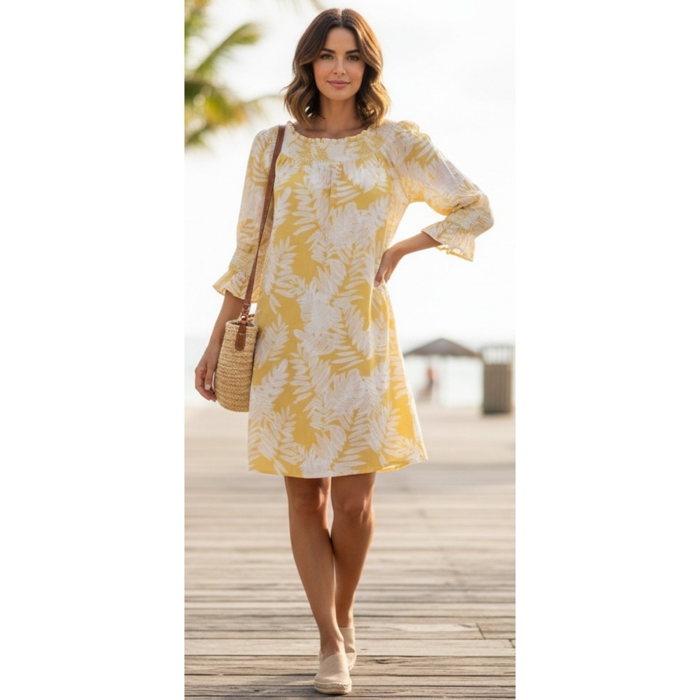 Cato Elastic Neck Floral Long Sleeve Dress Yellow & Pink Size L